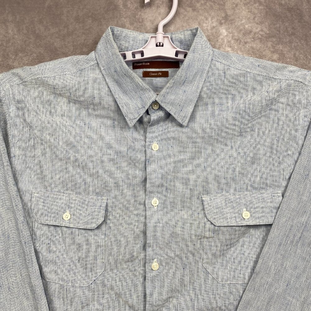 Perry Ellis Classic Fit Linen Blend Button Shirt Mens XXL Blue Crosshatch Weave